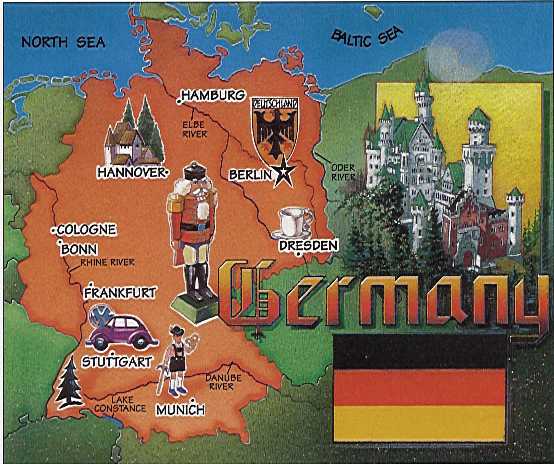 map of Germany with German flag - marked with cities of Dresden, Berlin, Hamburg, Hannover, Cologne, Bonn, Frankfurt, Stuttgart and Munich, and North and Baltic Seas